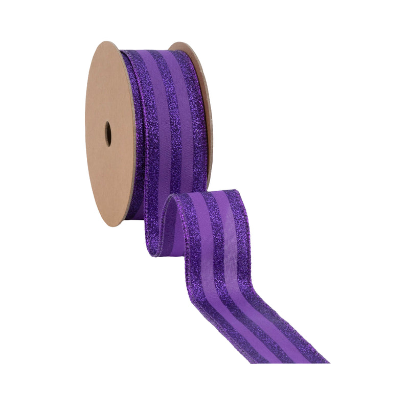1 1/2" Wired Ribbon | Purple Glittered Pinstripes on Purple | 10 Yard Roll