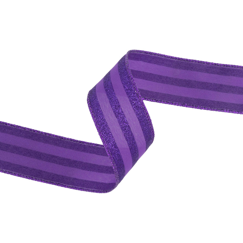 1 1/2" Wired Ribbon | Purple Glittered Pinstripes on Purple | 10 Yard Roll