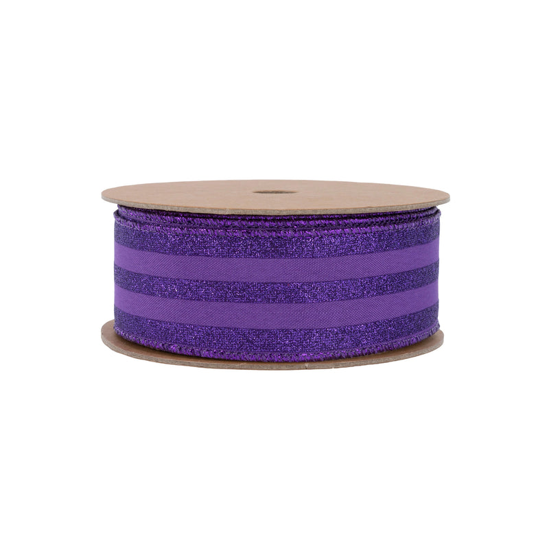 1 1/2" Wired Ribbon | Purple Glittered Pinstripes on Purple | 10 Yard Roll