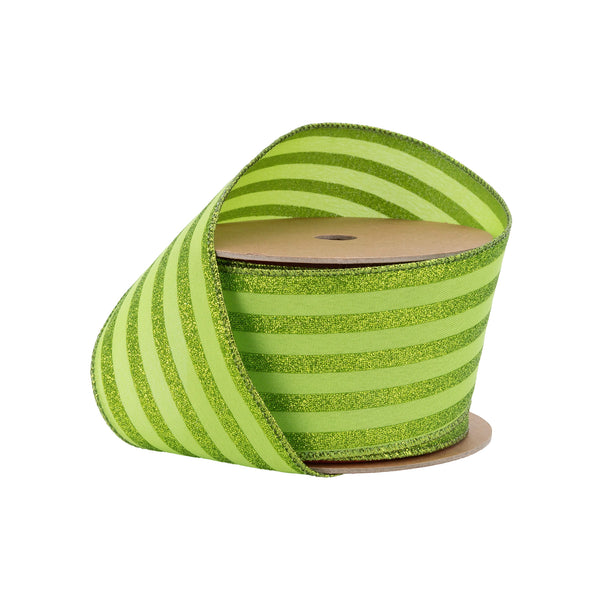 2 1/2" Wired Ribbon | Green Glittered Pinstripes on Light Green | 10 Yard Roll