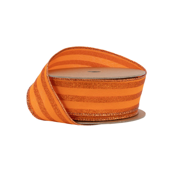 1 1/2" Wired Ribbon | Orange Glittered Pinstripes on Orange | 10 Yard Roll