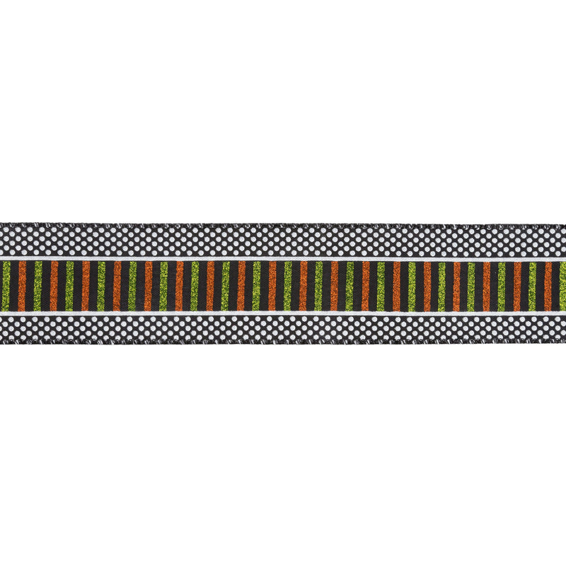 2 1/2" Wired Ribbon | Glittered Stripes and Dots on Black | 10 Yard Roll
