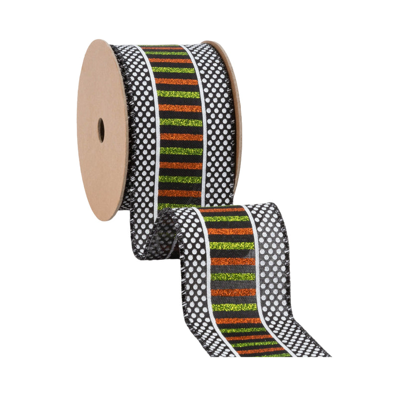 2 1/2" Wired Ribbon | Glittered Stripes and Dots on Black | 10 Yard Roll