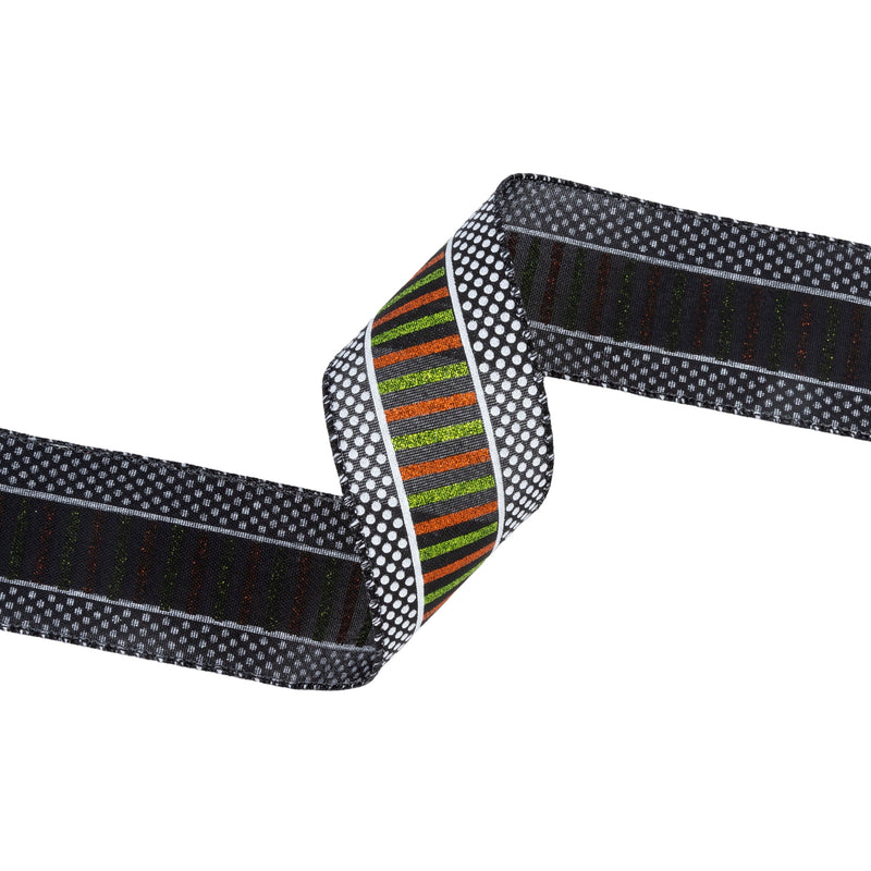 2 1/2" Wired Ribbon | Glittered Stripes and Dots on Black | 10 Yard Roll