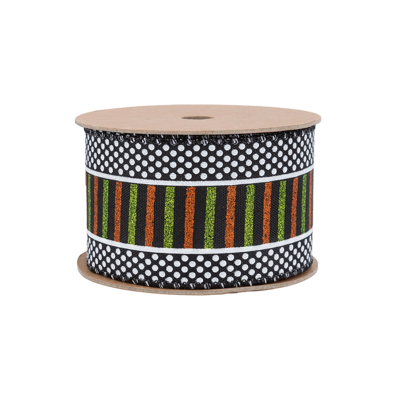 2 1/2" Wired Ribbon | Glittered Stripes and Dots on Black | 10 Yard Roll