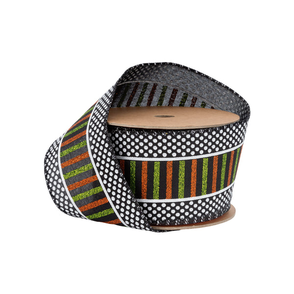 2 1/2" Wired Ribbon | Glittered Stripes and Dots on Black | 10 Yard Roll