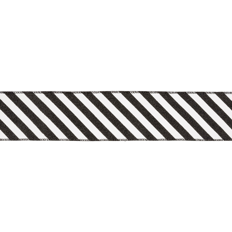 2 1/2" Wired Ribbon | Black Glittered Diagonal Stripes on White | 10 Yard Roll