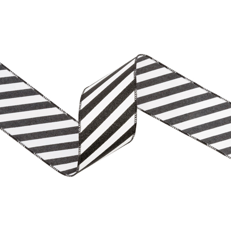 2 1/2" Wired Ribbon | Black Glittered Diagonal Stripes on White | 10 Yard Roll