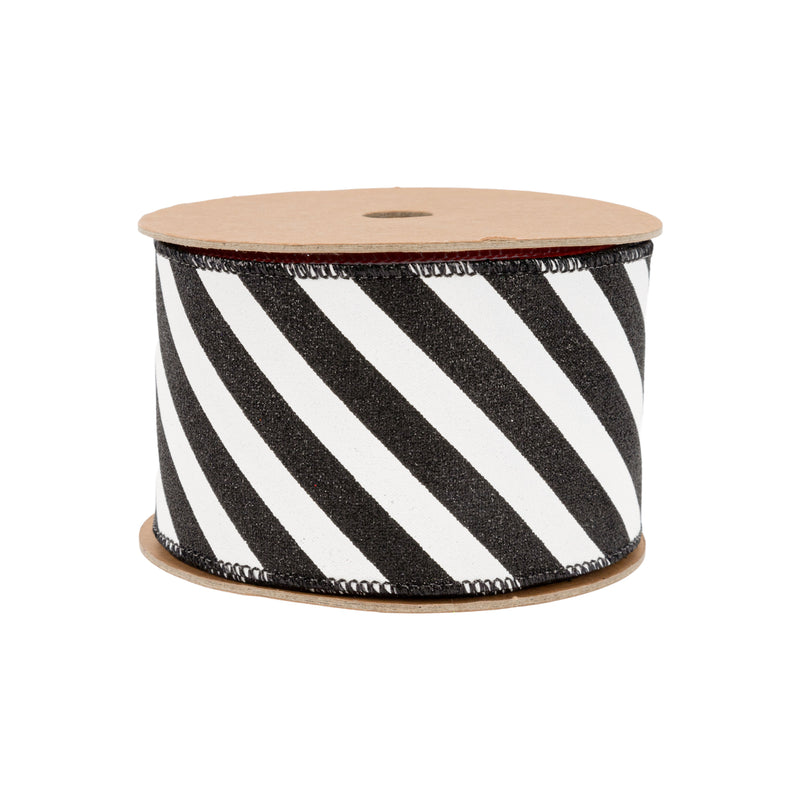 2 1/2" Wired Ribbon | Black Glittered Diagonal Stripes on White | 10 Yard Roll