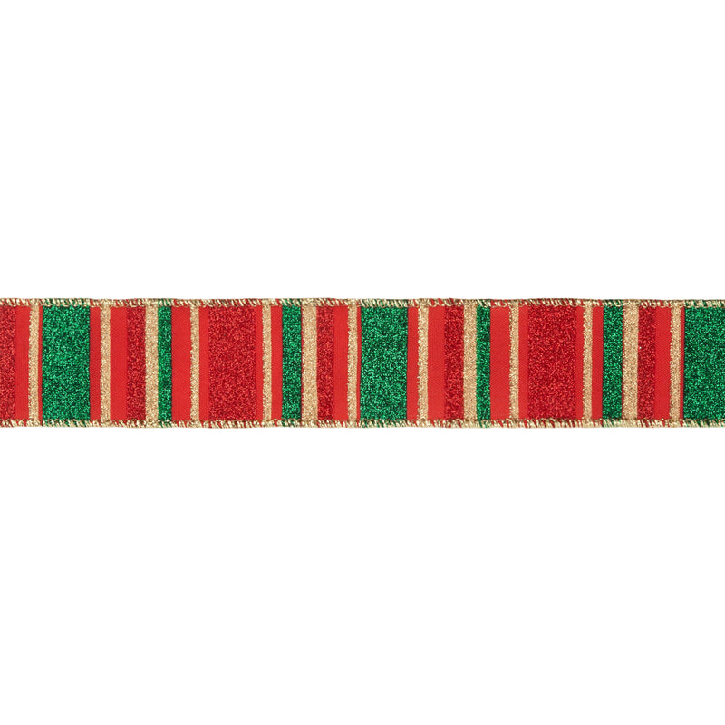 1 1/2" Wired Ribbon | Red, Green, Gold Horizontal Glittered Stripes on Red | 10 Yard Roll