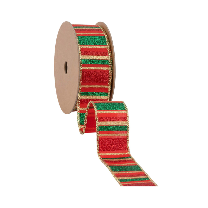 1 1/2" Wired Ribbon | Red, Green, Gold Horizontal Glittered Stripes on Red | 10 Yard Roll