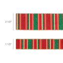 1 1/2" Wired Ribbon | Red, Green, Gold Horizontal Glittered Stripes on Red | 10 Yard Roll