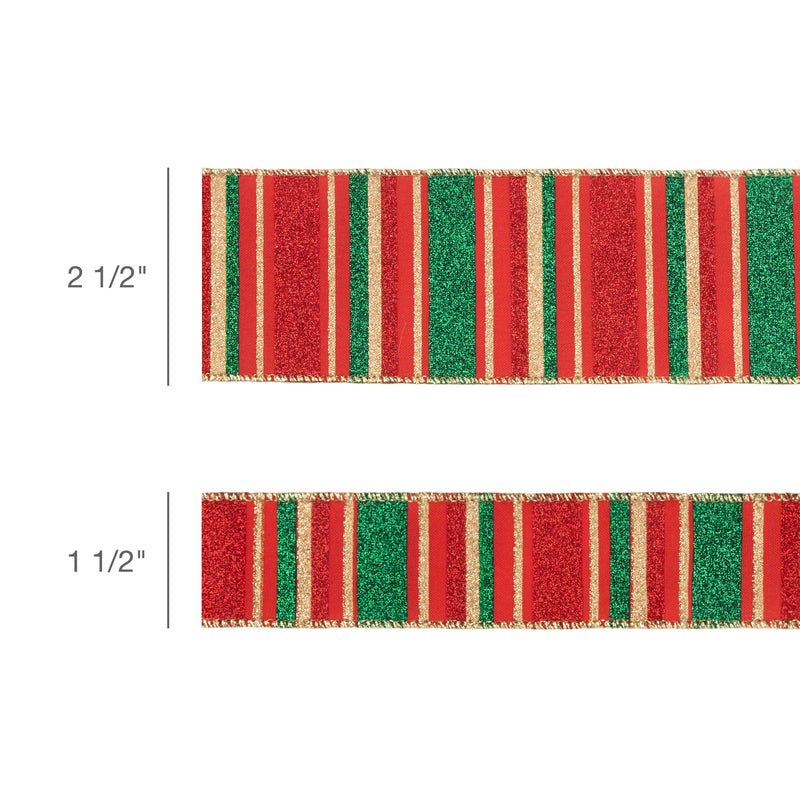 1 1/2" Wired Ribbon | Red, Green, Gold Horizontal Glittered Stripes on Red | 10 Yard Roll