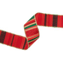 1 1/2" Wired Ribbon | Red, Green, Gold Horizontal Glittered Stripes on Red | 10 Yard Roll