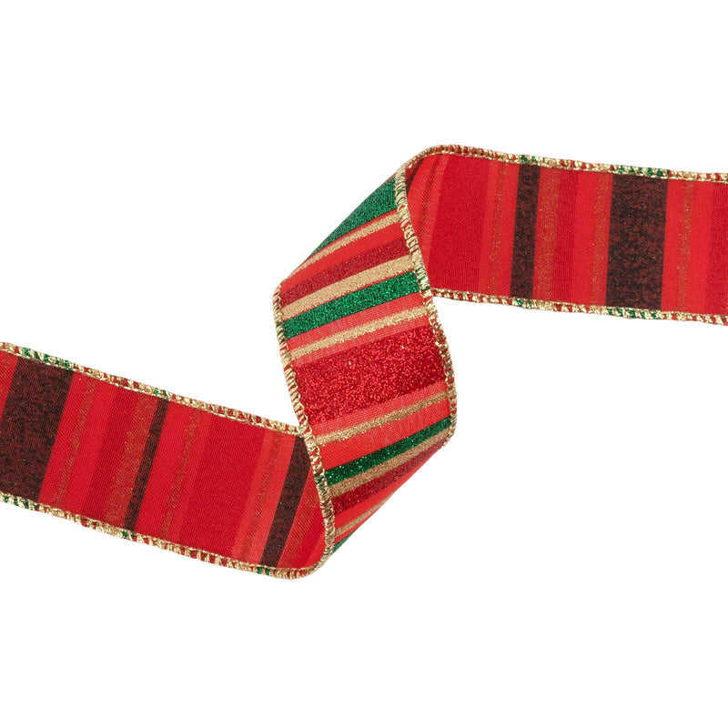 1 1/2" Wired Ribbon | Red, Green, Gold Horizontal Glittered Stripes on Red | 10 Yard Roll