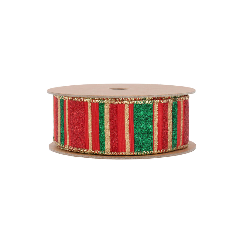 1 1/2" Wired Ribbon | Red, Green, Gold Horizontal Glittered Stripes on Red | 10 Yard Roll