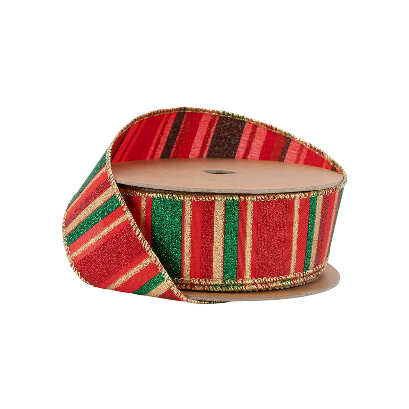 1 1/2" Wired Ribbon | Red, Green, Gold Horizontal Glittered Stripes on Red | 10 Yard Roll