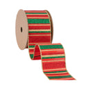 2 1/2" Wired Ribbon | Red, Green, Gold Horizontal Glittered Stripes on Red | 10 Yard Roll