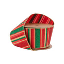 2 1/2" Wired Ribbon | Red, Green, Gold Horizontal Glittered Stripes on Red | 10 Yard Roll