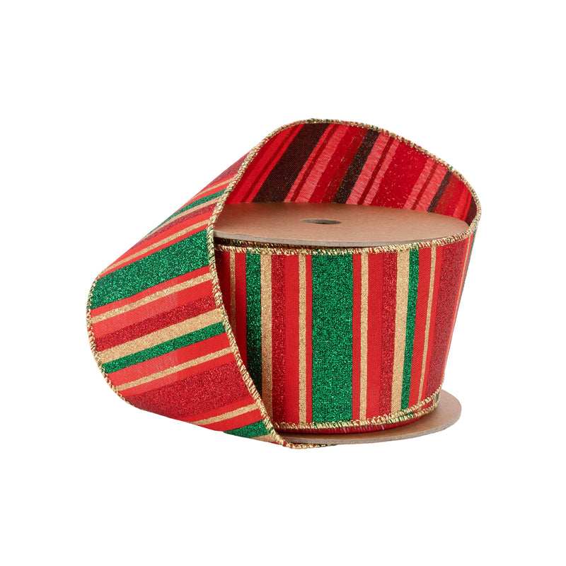 2 1/2" Wired Ribbon | Red, Green, Gold Horizontal Glittered Stripes on Red | 10 Yard Roll