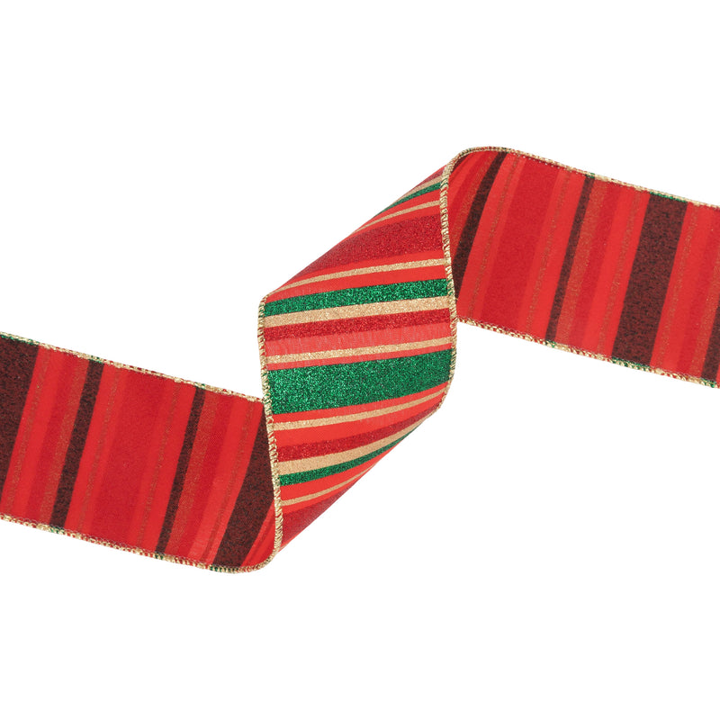 2 1/2" Wired Ribbon | Red, Green, Gold Horizontal Glittered Stripes on Red | 10 Yard Roll