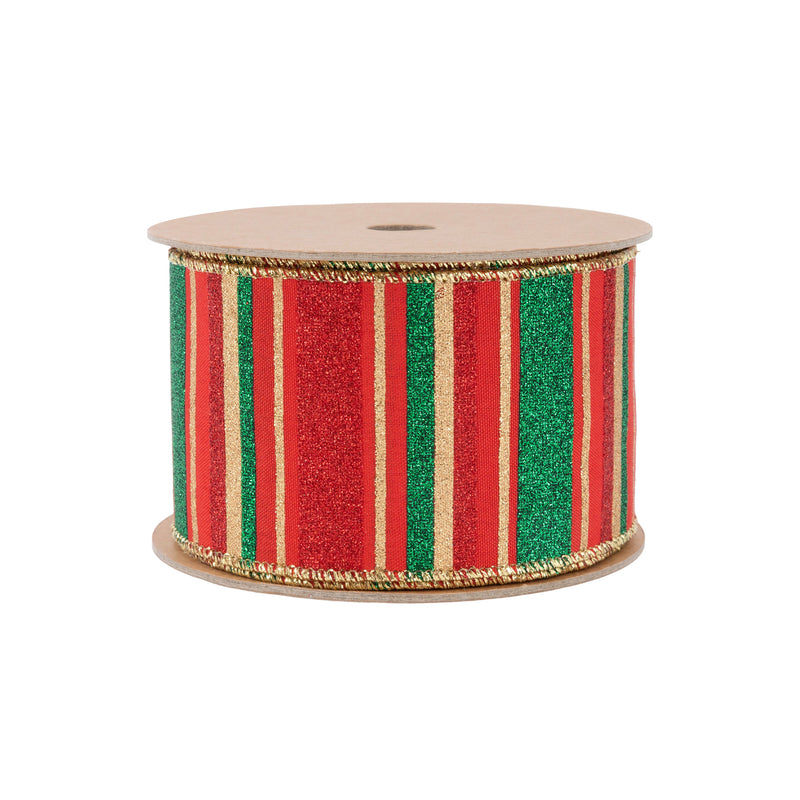 2 1/2" Wired Ribbon | Red, Green, Gold Horizontal Glittered Stripes on Red | 10 Yard Roll