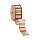 1 1/2" Wired Ribbon | Red, Green, White Horizontal Glittered Stripes on White | 10 Yard Roll