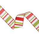 1 1/2" Wired Ribbon | Red, Green, White Horizontal Glittered Stripes on White | 10 Yard Roll