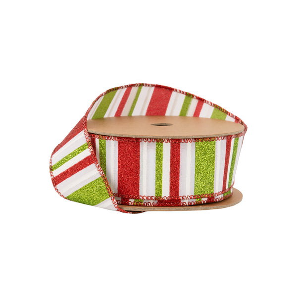 1 1/2" Wired Ribbon | Red, Green, White Horizontal Glittered Stripes on White | 10 Yard Roll