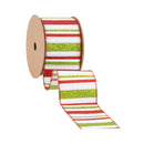 2 1/2" Wired Ribbon | Red, Green, White Horizontal Glittered Stripes on White | 10 Yard Roll