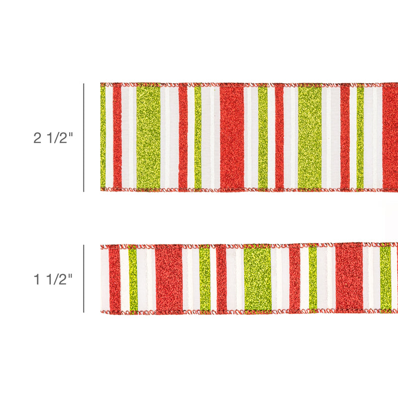 2 1/2" Wired Ribbon | Red, Green, White Horizontal Glittered Stripes on White | 10 Yard Roll