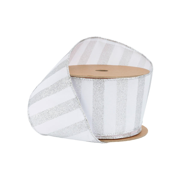 2 1/2" Wired Ribbon | Horizontal Silver Glittered Stripes on White | 10 Yard Roll