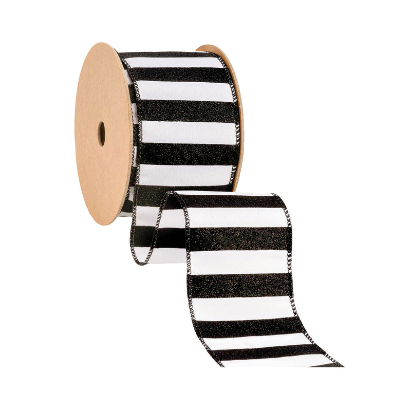2 1/2" Wired Ribbon | Horizontal Black Glittered Stripes on White | 10 Yard Roll