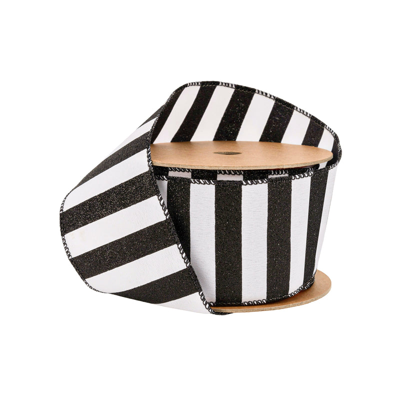 2 1/2" Wired Ribbon | Horizontal Black Glittered Stripes on White | 10 Yard Roll