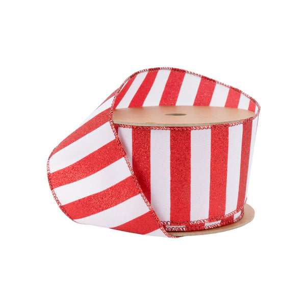 2 1/2" Wired Ribbon | Horizontal Red Glittered Stripes on White | 10 Yard Roll