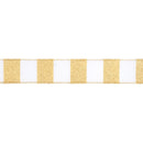 1 1/2" Wired Ribbon | Horizontal Gold Glittered Stripes on White | 10 Yard Roll
