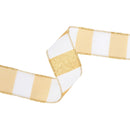 1 1/2" Wired Ribbon | Horizontal Gold Glittered Stripes on White | 10 Yard Roll