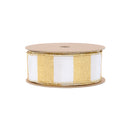 1 1/2" Wired Ribbon | Horizontal Gold Glittered Stripes on White | 10 Yard Roll