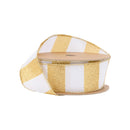 1 1/2" Wired Ribbon | Horizontal Gold Glittered Stripes on White | 10 Yard Roll