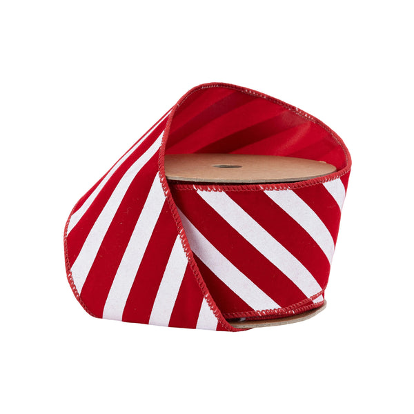 2 1/2" Wired Flocked Velvet Ribbon | Red and White Stripes | 10 Yard Spool