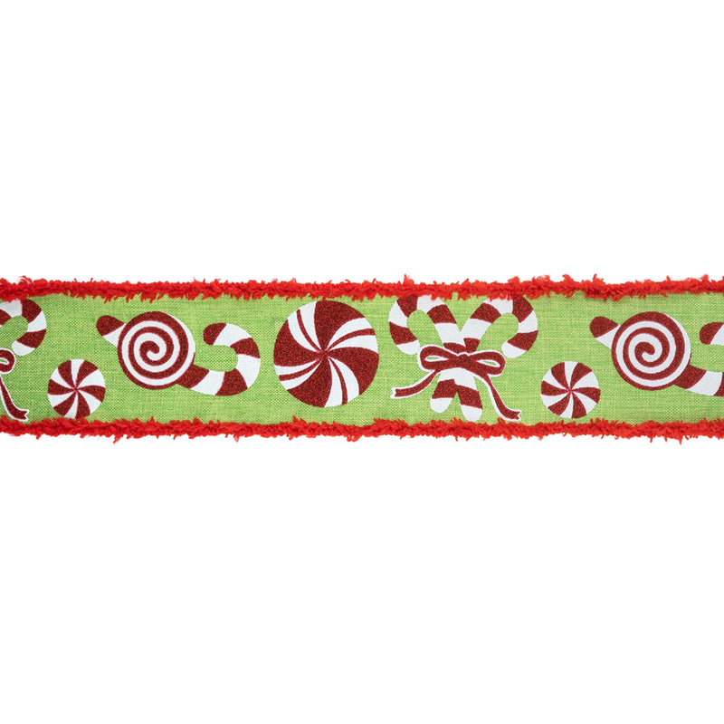 2 1/2" Wired Ribbon | Candy Cane with Red Fuzzy Edge | 10 Yard Roll
