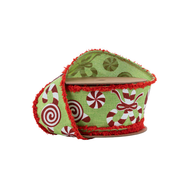 2 1/2" Wired Ribbon | Candy Cane with Red Fuzzy Edge | 10 Yard Roll