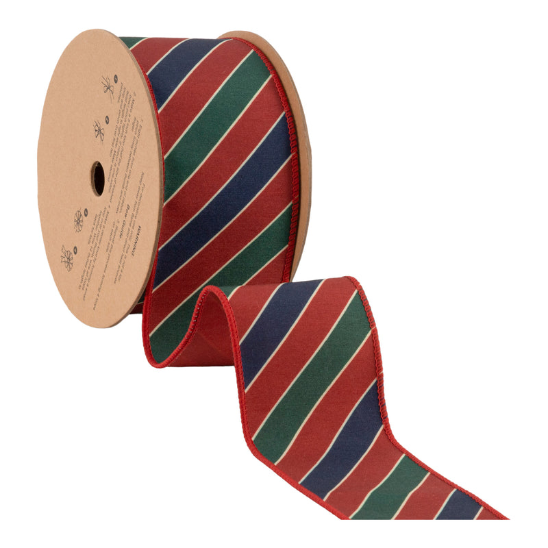 2 1/2" Wired Ribbon | Green Stripes on Red w Red Back | 10 Yard Roll