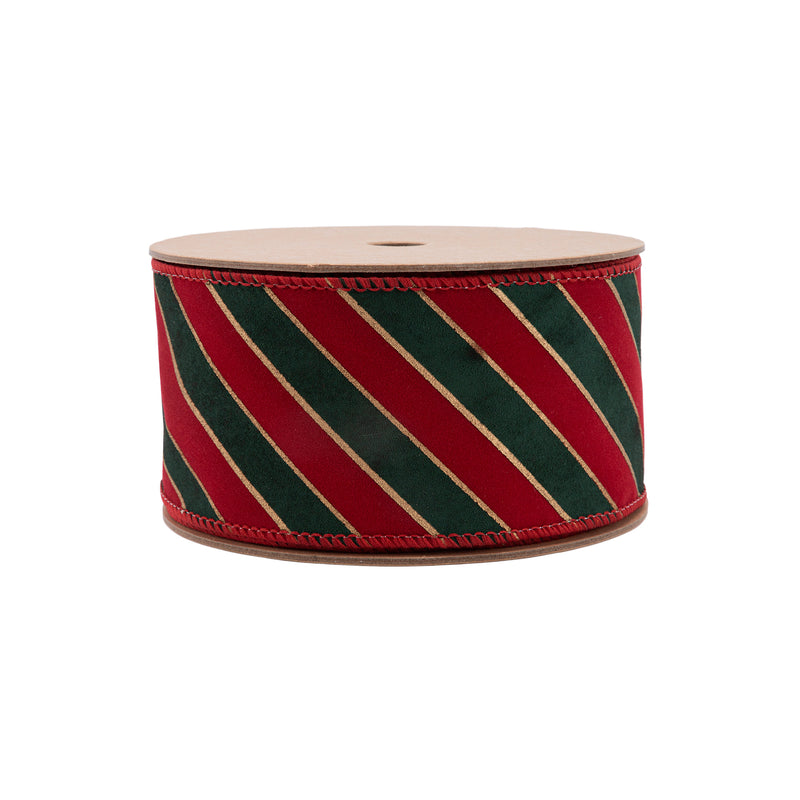 2 1/2" Wired Ribbon | Green Stripes on Red w Red Back | 10 Yard Roll