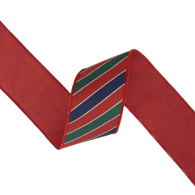 2 1/2" Wired Ribbon | Green Stripes on Red w Red Back | 10 Yard Roll