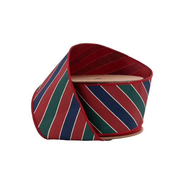 2 1/2" Wired Ribbon | Green Stripes on Red w Red Back | 10 Yard Roll