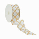 2 1/2" Wired Ribbon | Gold Glitter Diamonds on Ivory | 50 Yard Roll