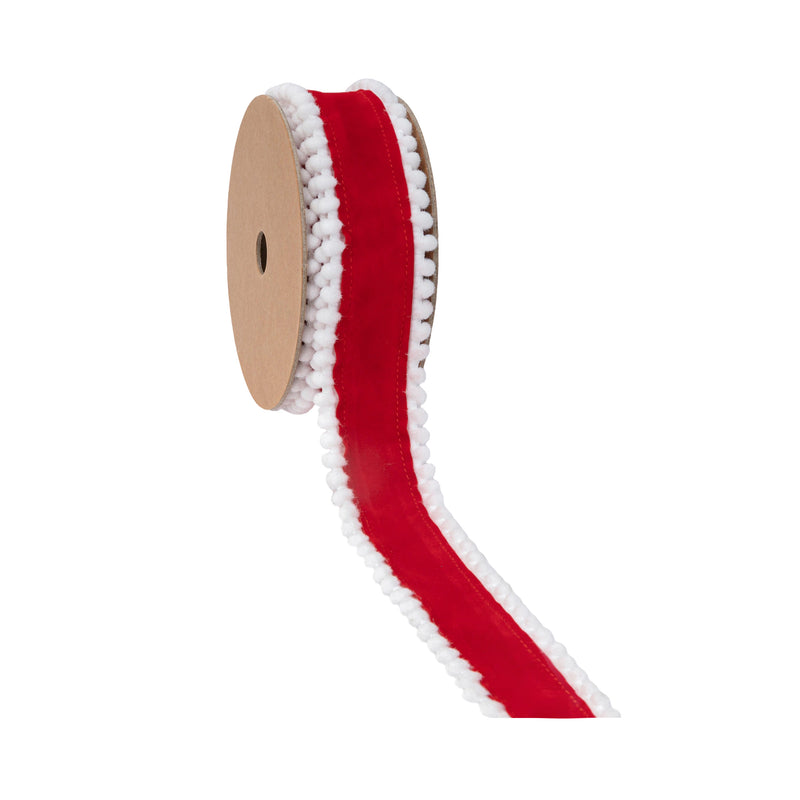 1 1/2" Wired Ribbon | Red with White Pom-pom Edge | 10 Yard Roll