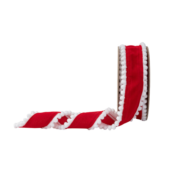 1 1/2" Wired Ribbon | Red with White Pom-pom Edge | 10 Yard Roll