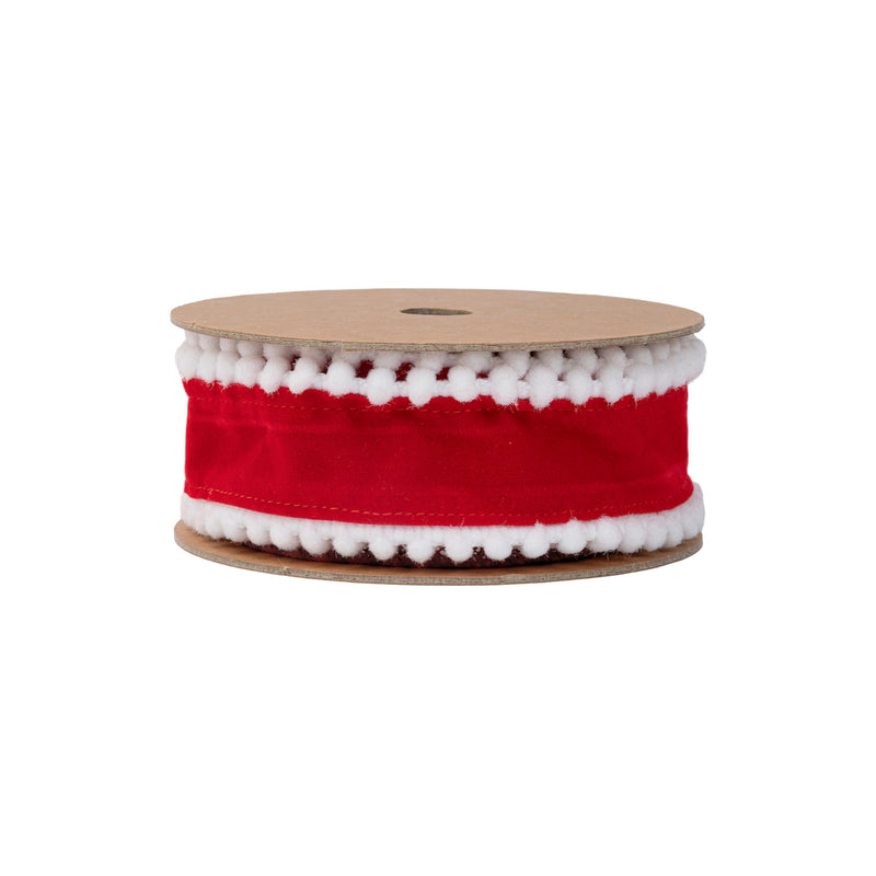 1 1/2" Wired Ribbon | Red with White Pom-pom Edge | 10 Yard Roll